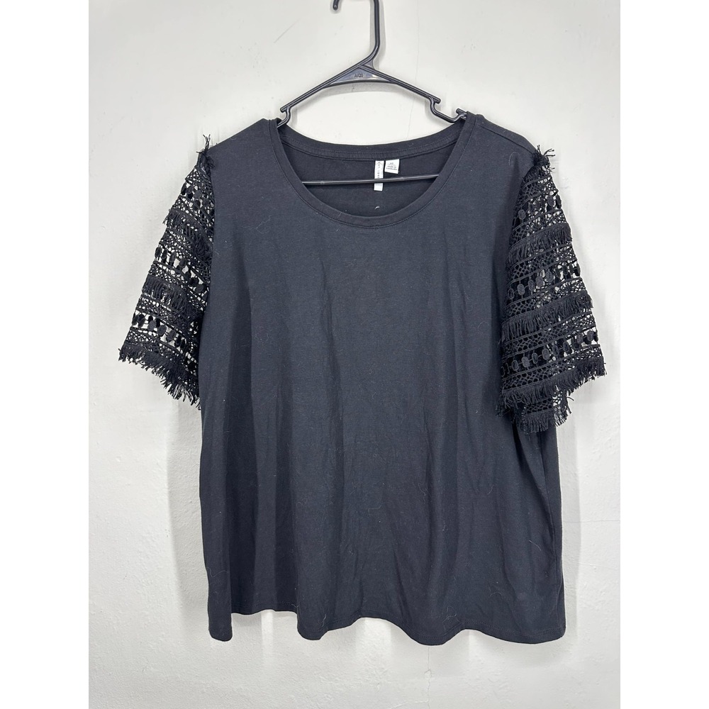 Cato T-Shirt Womens XL Black Crochet Lace Sleeve Boho Fringe Round Neck Pullover